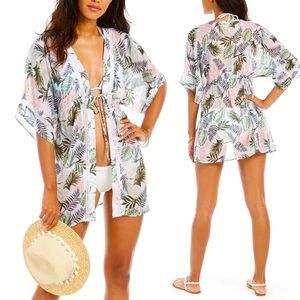Miken • SWIM Leaf Printed Tie-Front Kimono Cover for Beach or Pool
